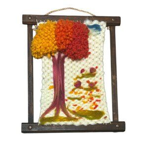 Vtg Handmade Fiber Art Tree Scene Weaving Rug Hooking Wool Felting Boho Wall Art